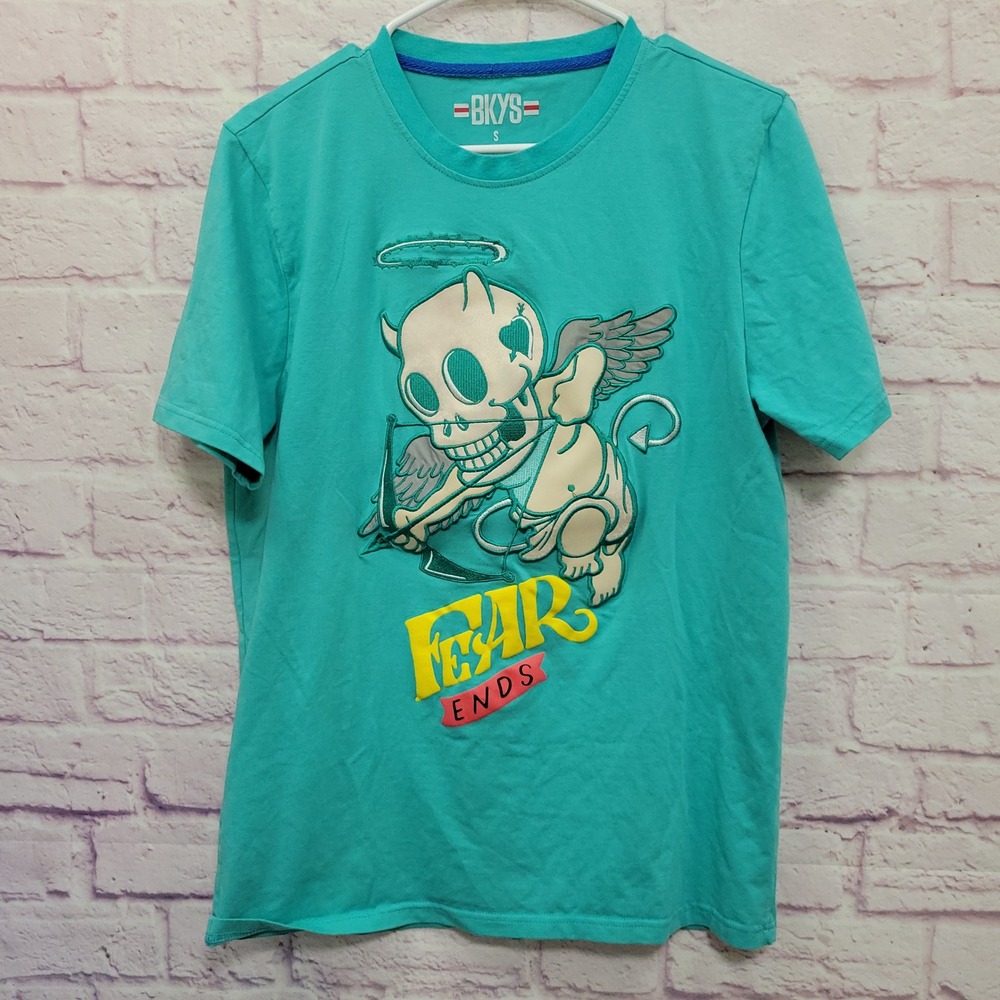 BKYS Fear Ends Graphic Embroidered T Shirt Mens S Teal Y2K Cyberpunk Skater Edgy